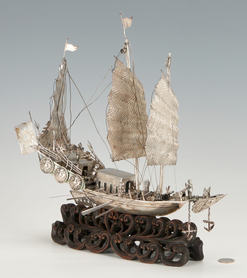 Lot 2: Large Chinese Export Silver Model of a Ship and Rowboat, Carved Stand Simulating Waves