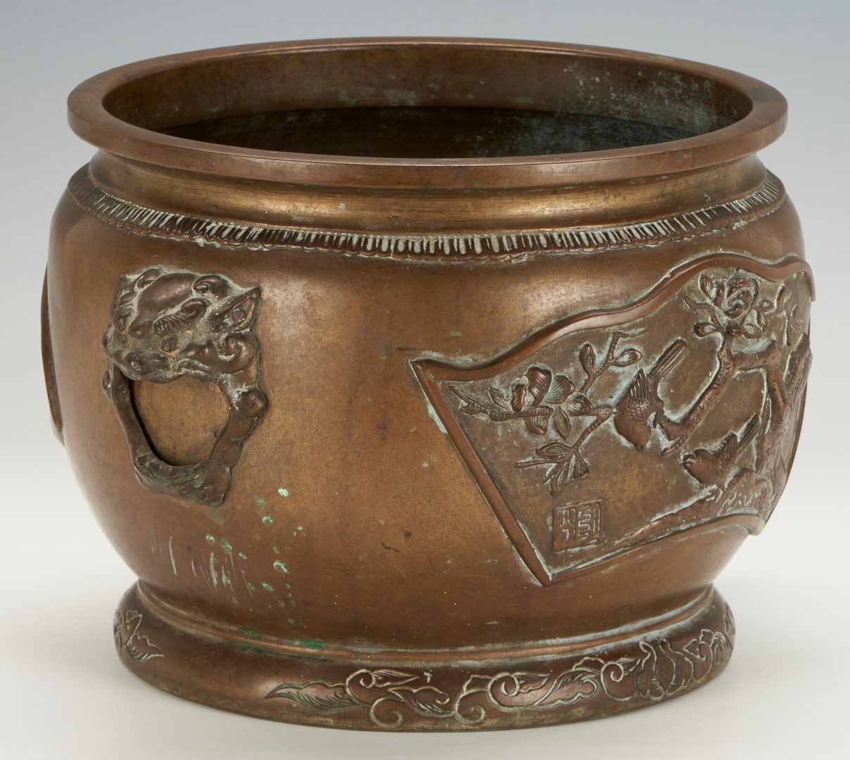 Lot 317: Three (3) Asian Bronze Items, incl. Meiji Jardiniere, Elephant Box & Vase