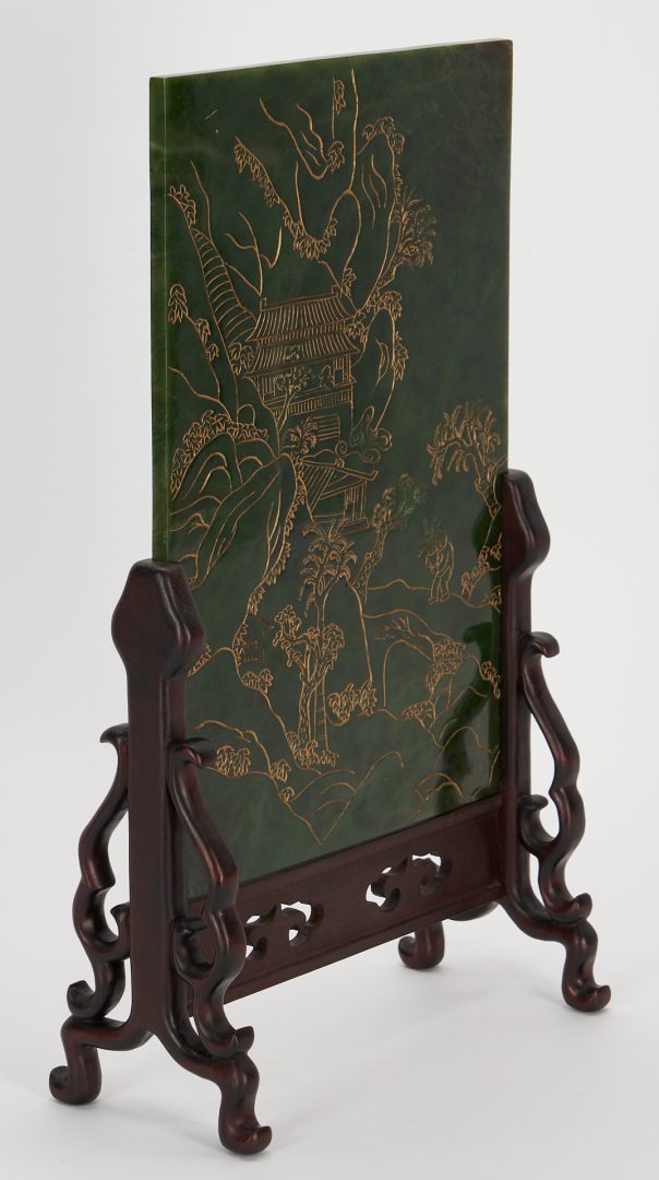 Lot 319: Chinese Spinach Jade Screen w/ Stand