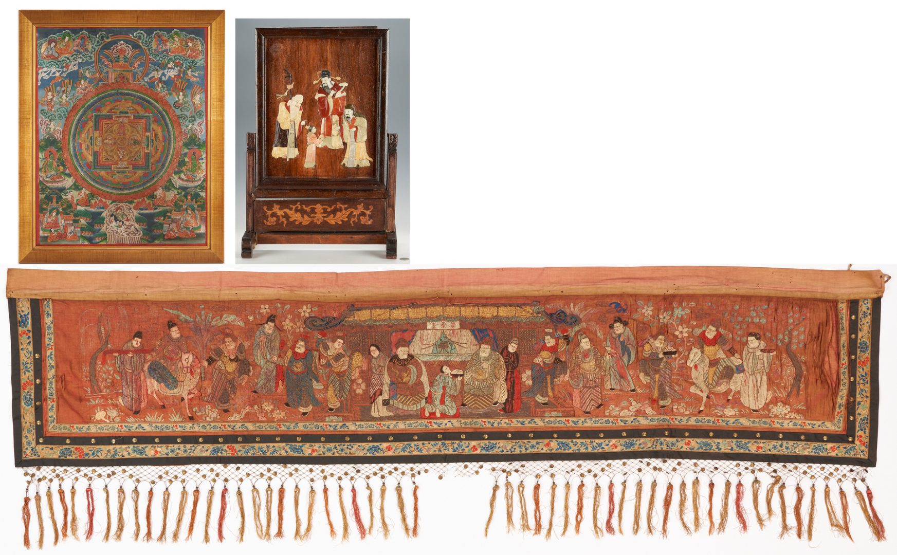 Lot 326: Chinese Table Screen, Silk Embroidery & Asian Thangka, 3 pcs