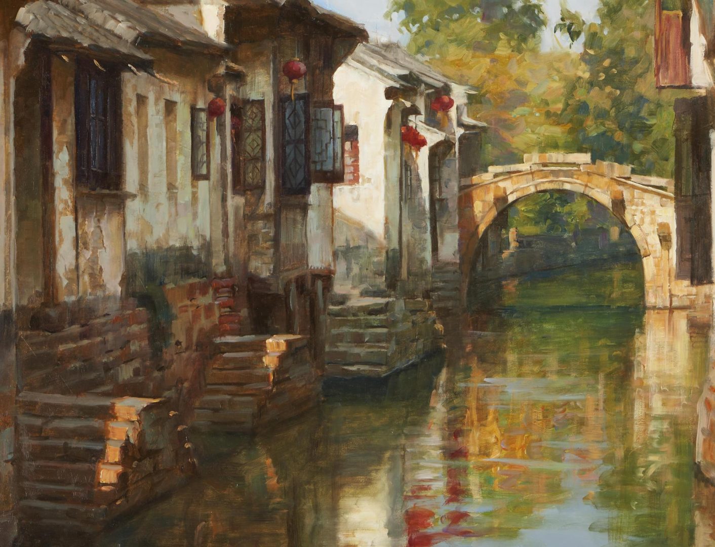 Lot 329: 2 Chinese Canal Paintings, incl. Jie Wei Zhou, Huang Youwei