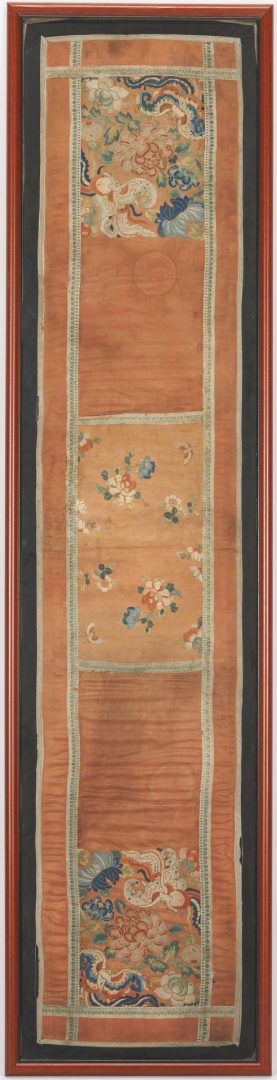 Lot 33: Chinese Qing Embroidery Panel, Bats & Chrysanthemums