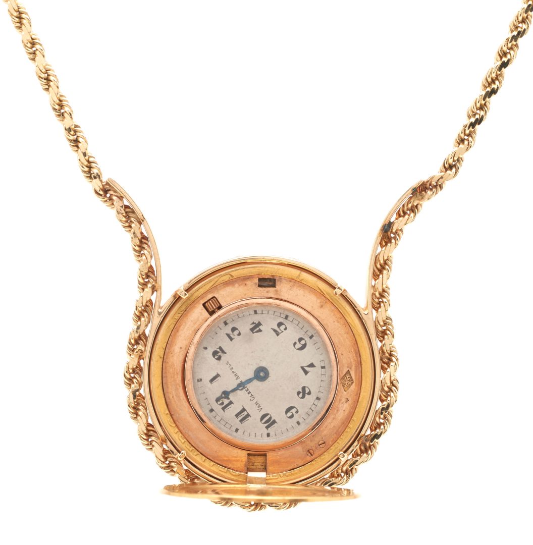 Lot 387: 14K Necklace w/ $20 Gold Piece Containing Van Cleef & Arpel Watch