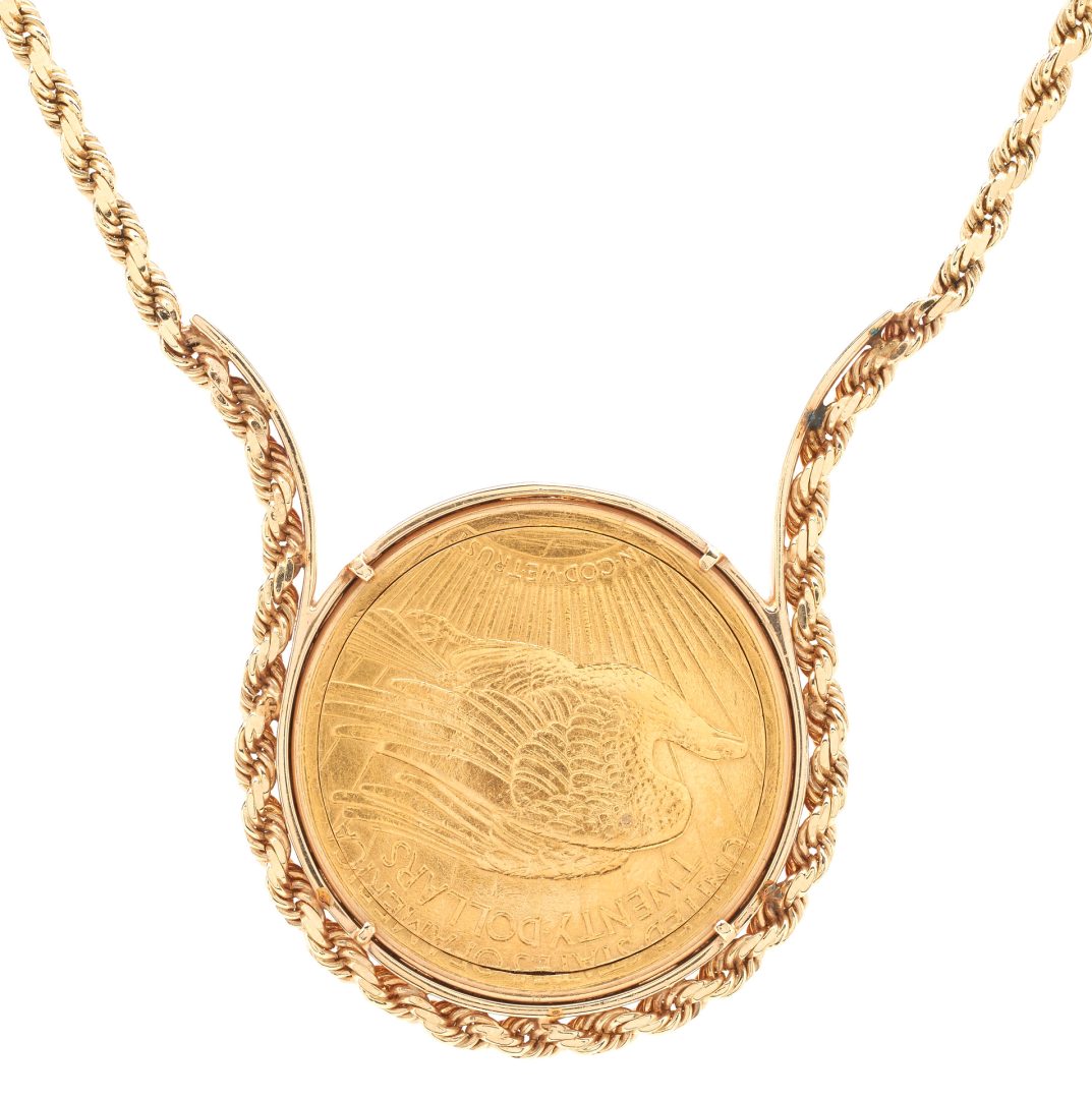 Lot 387: 14K Necklace w/ $20 Gold Piece Containing Van Cleef & Arpel Watch