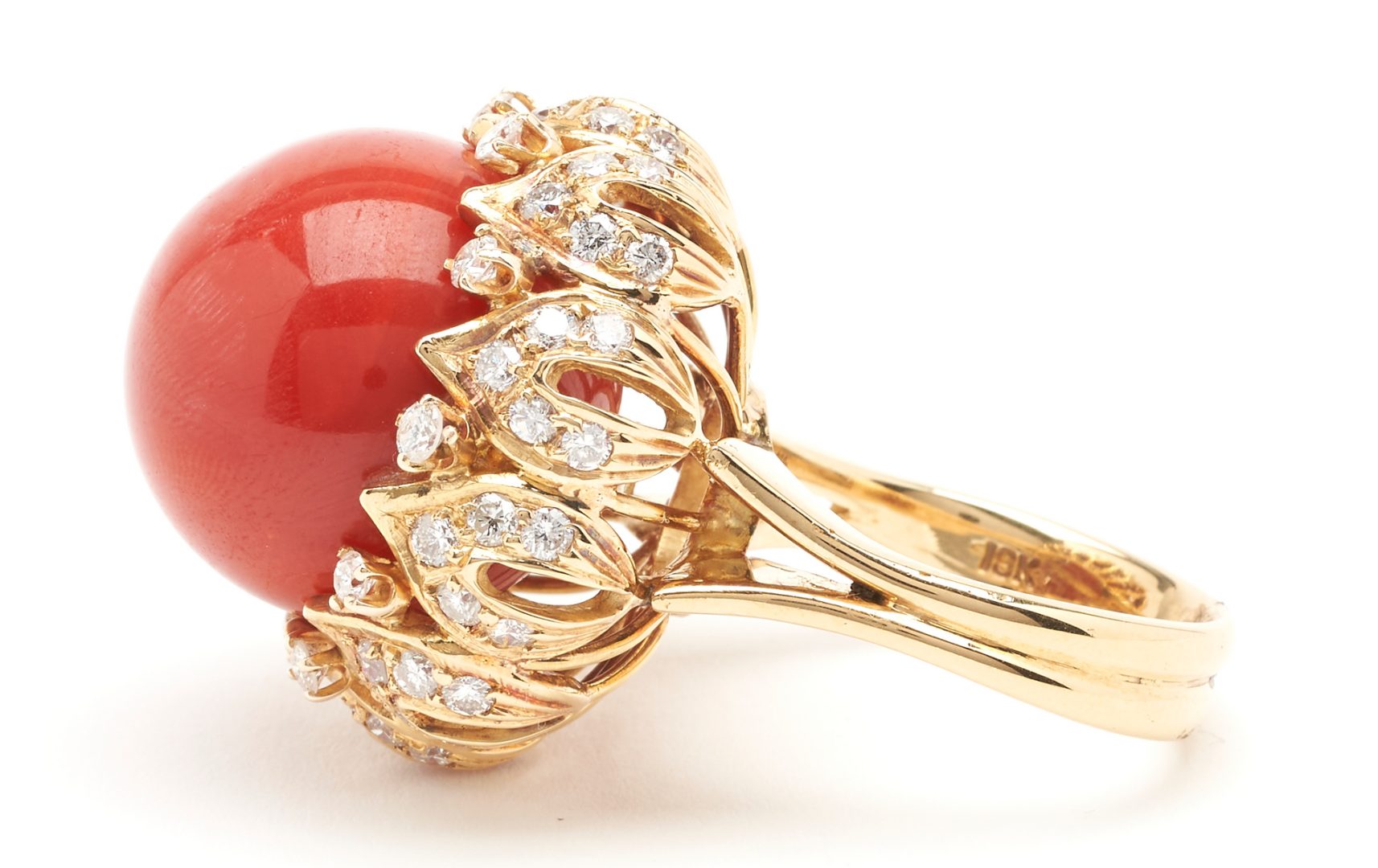 Lot 397: Ladies 18K Coral & Diamond Ring