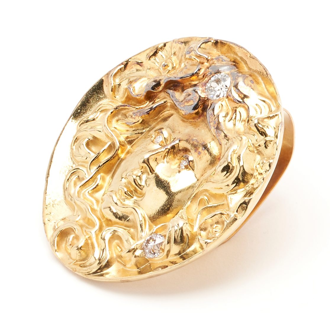 Lot 402: 14K Art Nouveau Gold & Diamond Scarf Pin