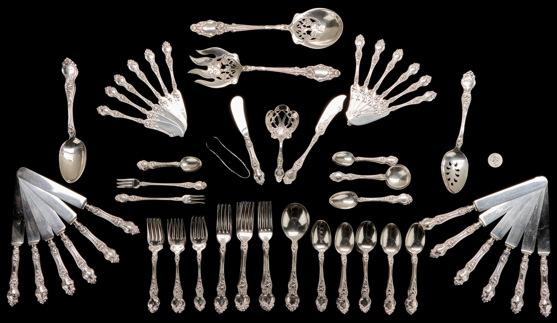 Lot 417: Wallace Violet Sterling Silver Flatware Service for 12 + 2 Serving Items, 107 pcs.