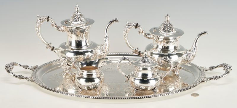 Lot 426: 4 Pcs. Sterling Silver Tea Set plus S/P Oval Tray, 5 items
