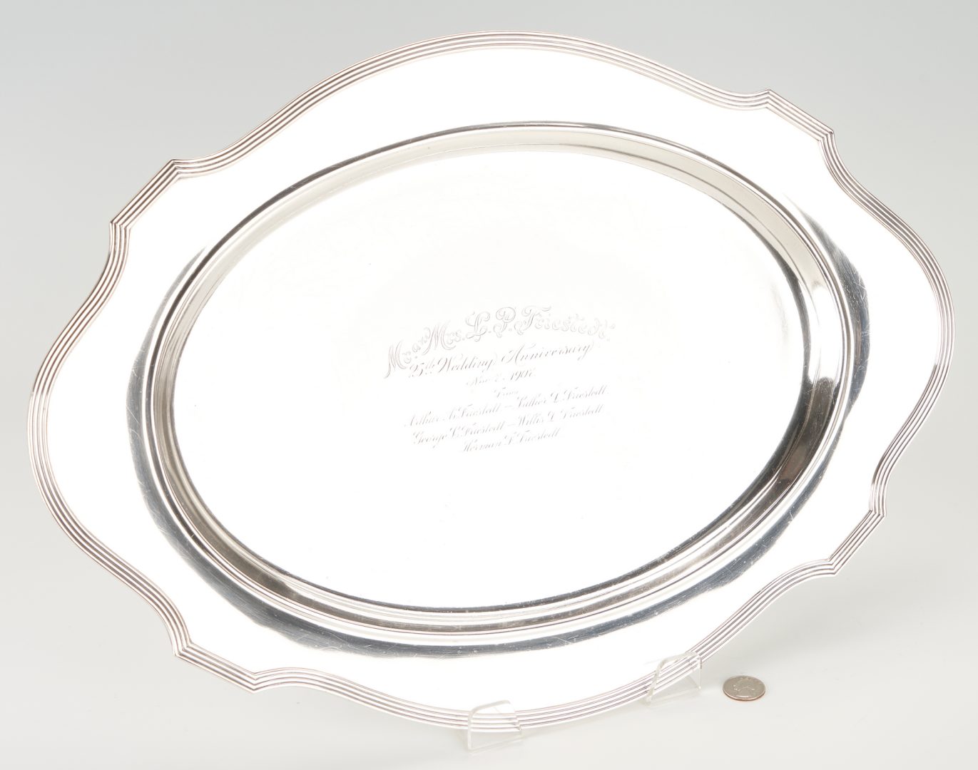 Lot 434: Large Gorham Sterling Silver Oval Tray, 65 oz, inscribed