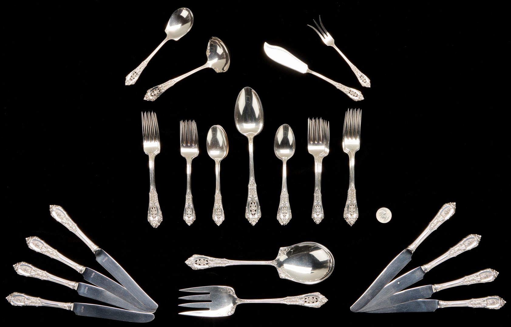 Lot 435: 50 Pcs Wallace Rose Point Sterling Flatware