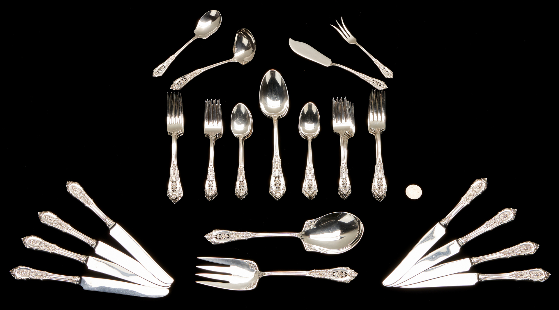 Lot 435: 50 Pcs Wallace Rose Point Sterling Flatware