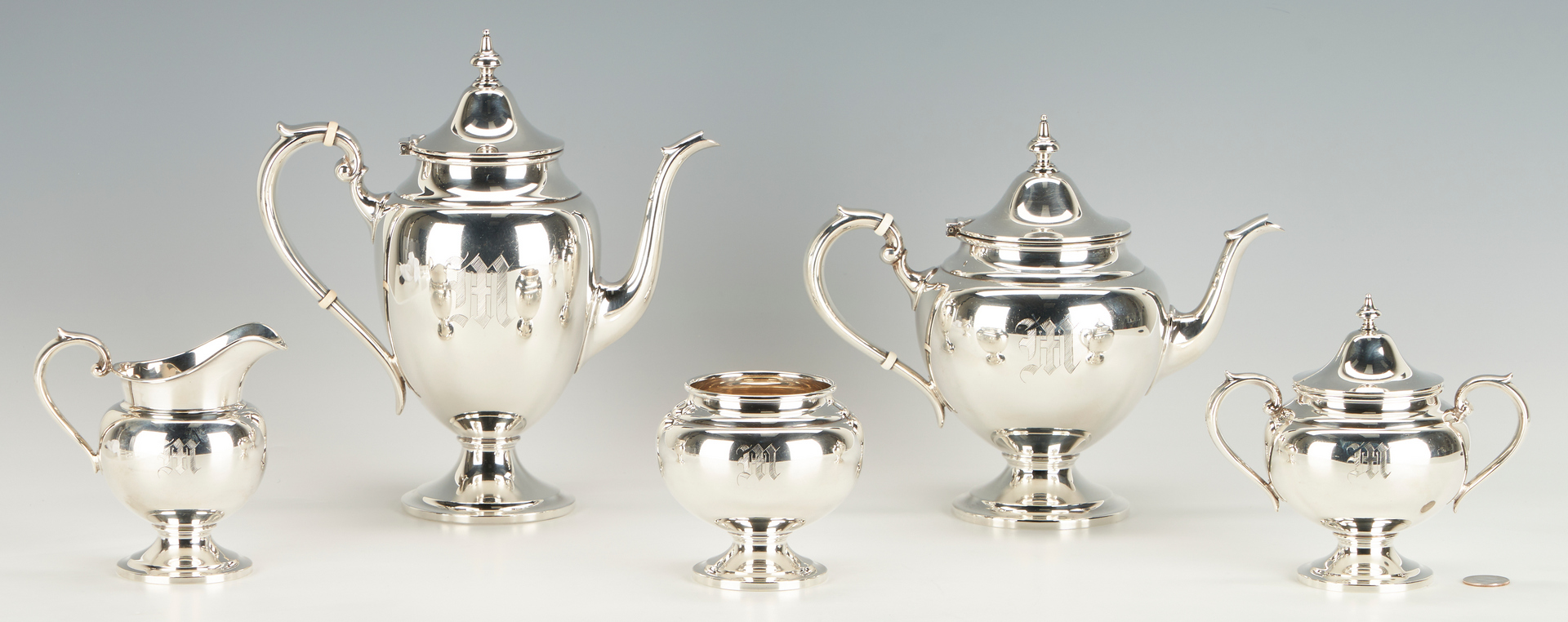 Lot 437: 5 Pcs. Gorham Puritan Sterling Silver Tea Set