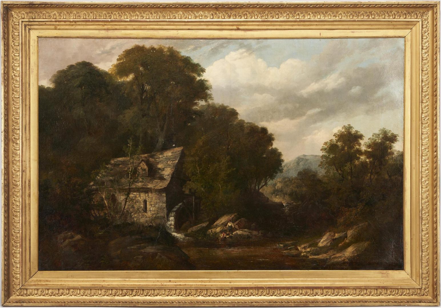 Lot 450: British School, 19th C. O/C Landscape "Figures by a Mill"
