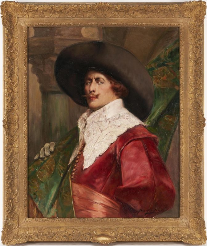 Lot 452: Alex de Andreis O/C, Portrait of a Cavalier with a Banner