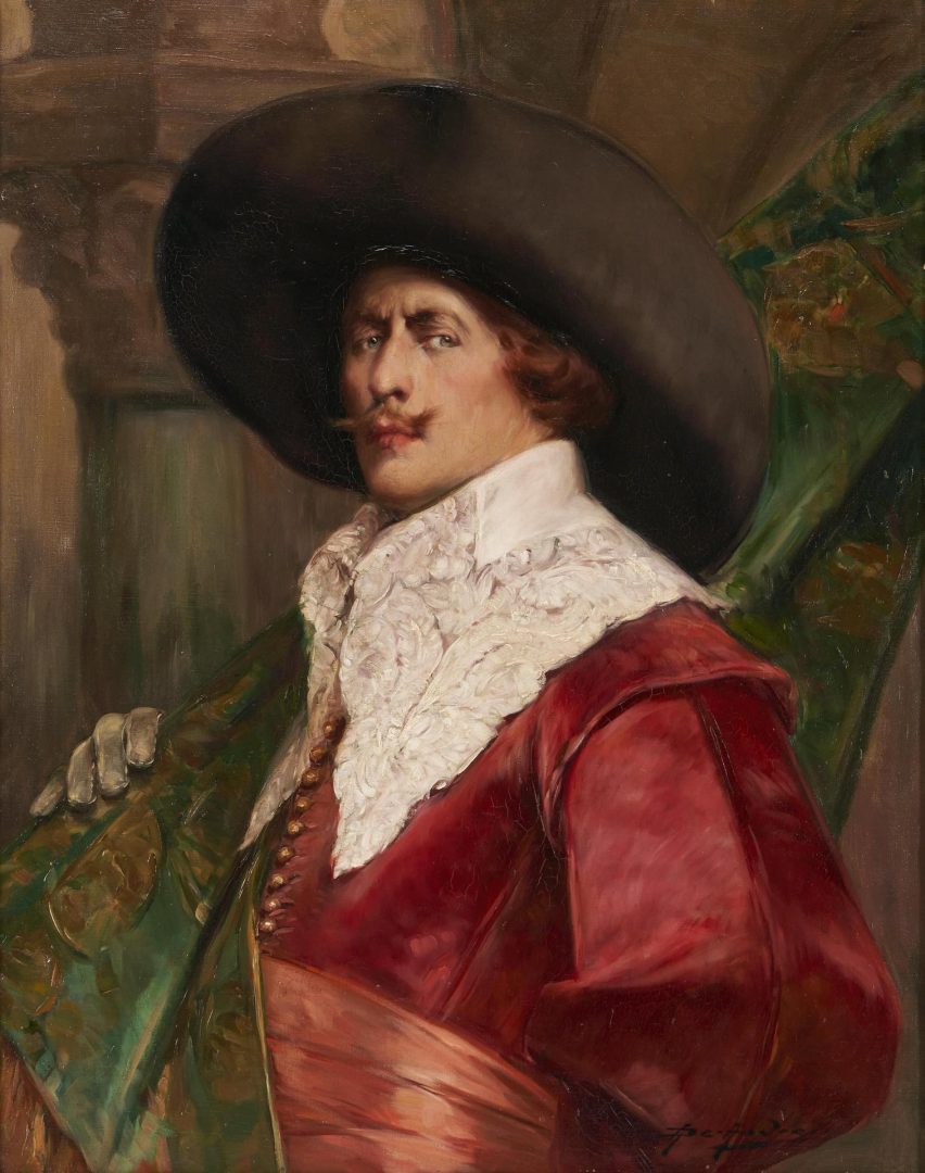 Lot 452: Alex de Andreis O/C, Portrait of a Cavalier with a Banner