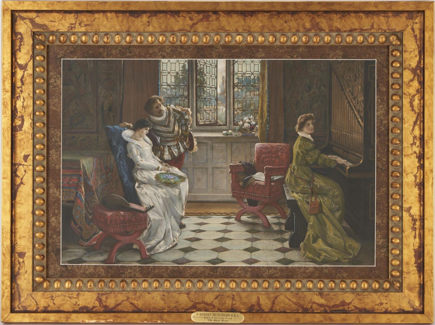 Lot 457: F. Sydney Muschamp, Watercolor & Gouache Painting, Music Room