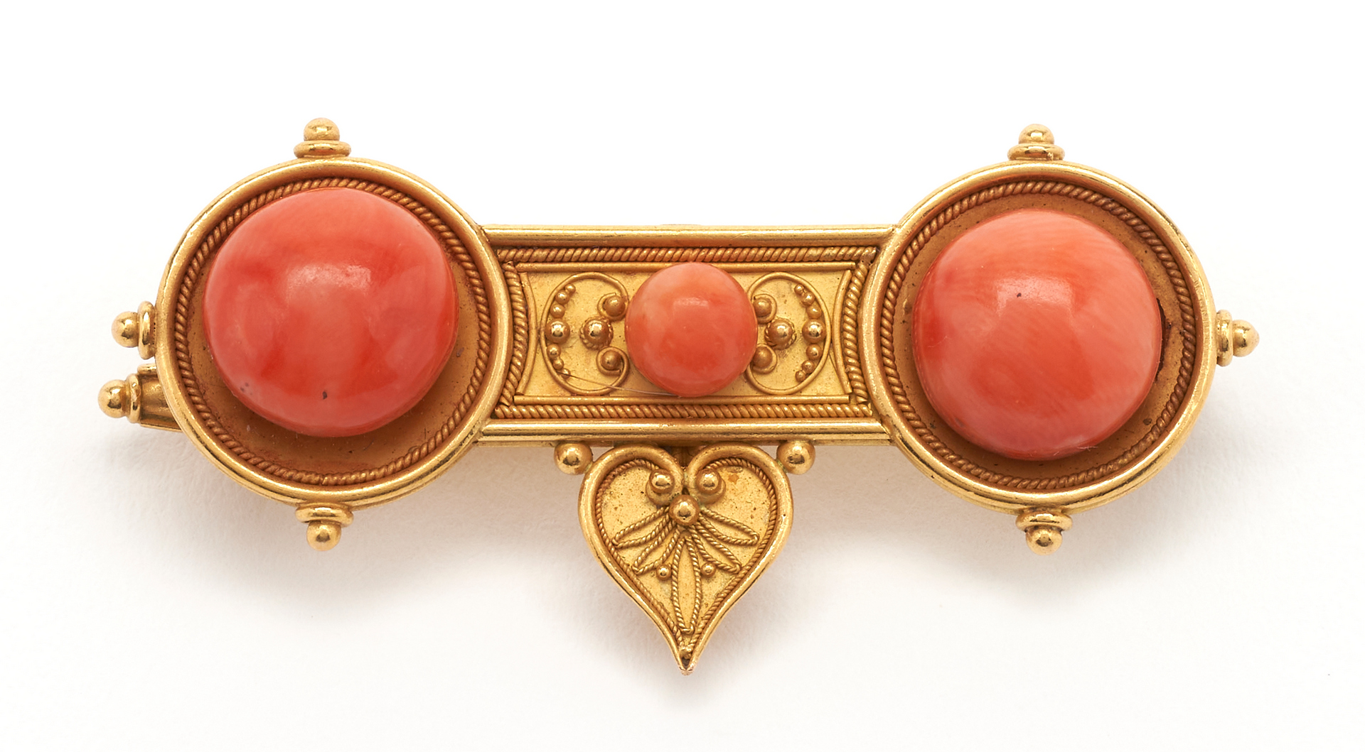 Lot 47: Etruscan Revival Coral Bracelet, Pin and Clip attr. Castellani