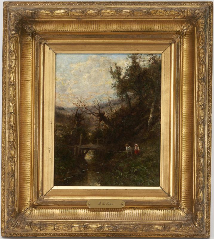 Lot 484: James Crawford Thom O/C Landscape Painting, Children Fishing