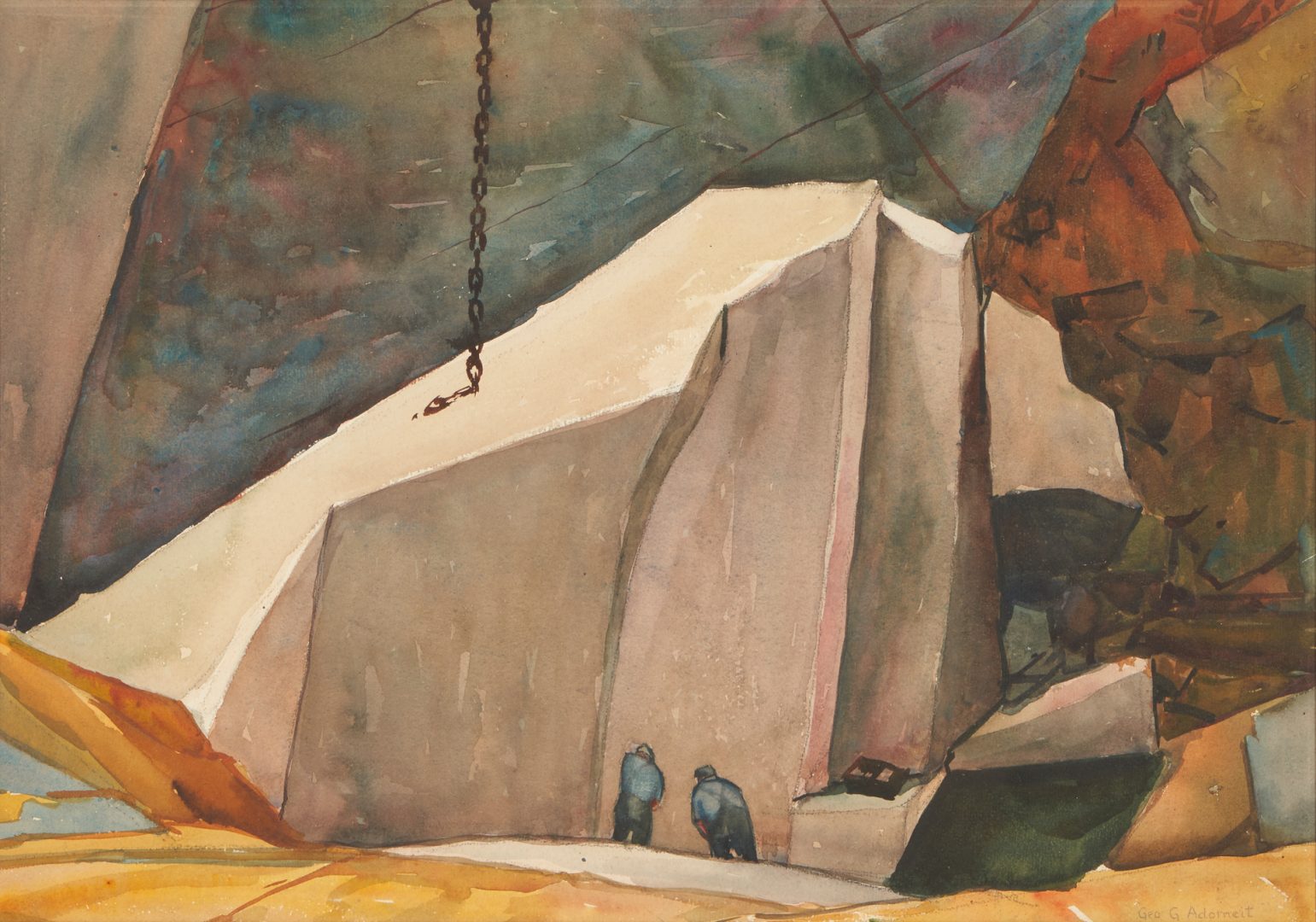 Lot 485: George Adomeit W/C Painting, Men Working at a Quarry