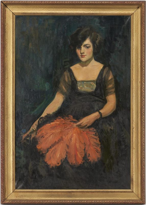 Lot 496: American School O/C Portrait Painting, Lady Holding a Fan