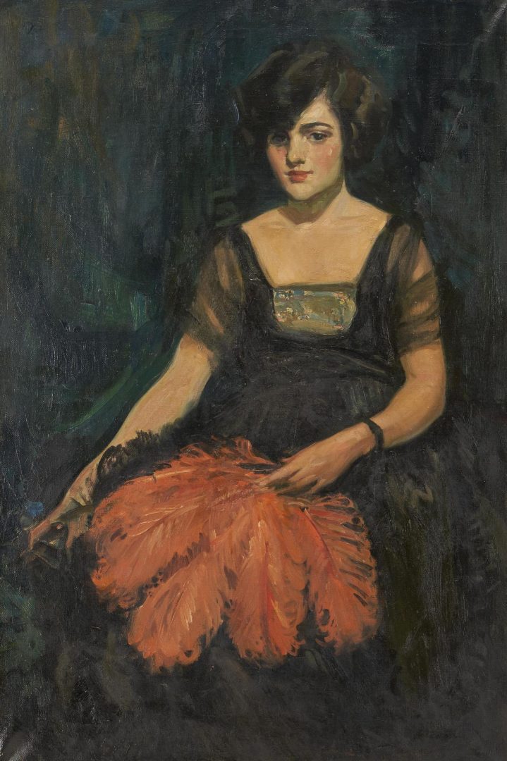 Lot 496: American School O/C Portrait Painting, Lady Holding a Fan