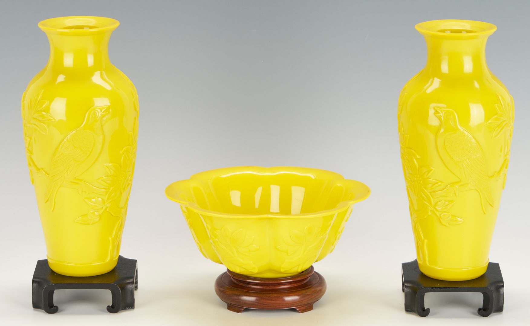 Lot 4: 3 Peking Imperial Yellow Glass Items, incl. Bowl, Pr. Vases