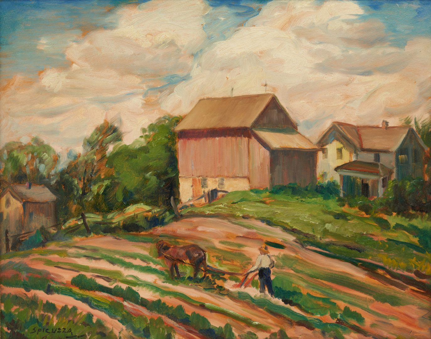 Lot 509: Francesco Spicuzza O/B Painting, Farm Landscape