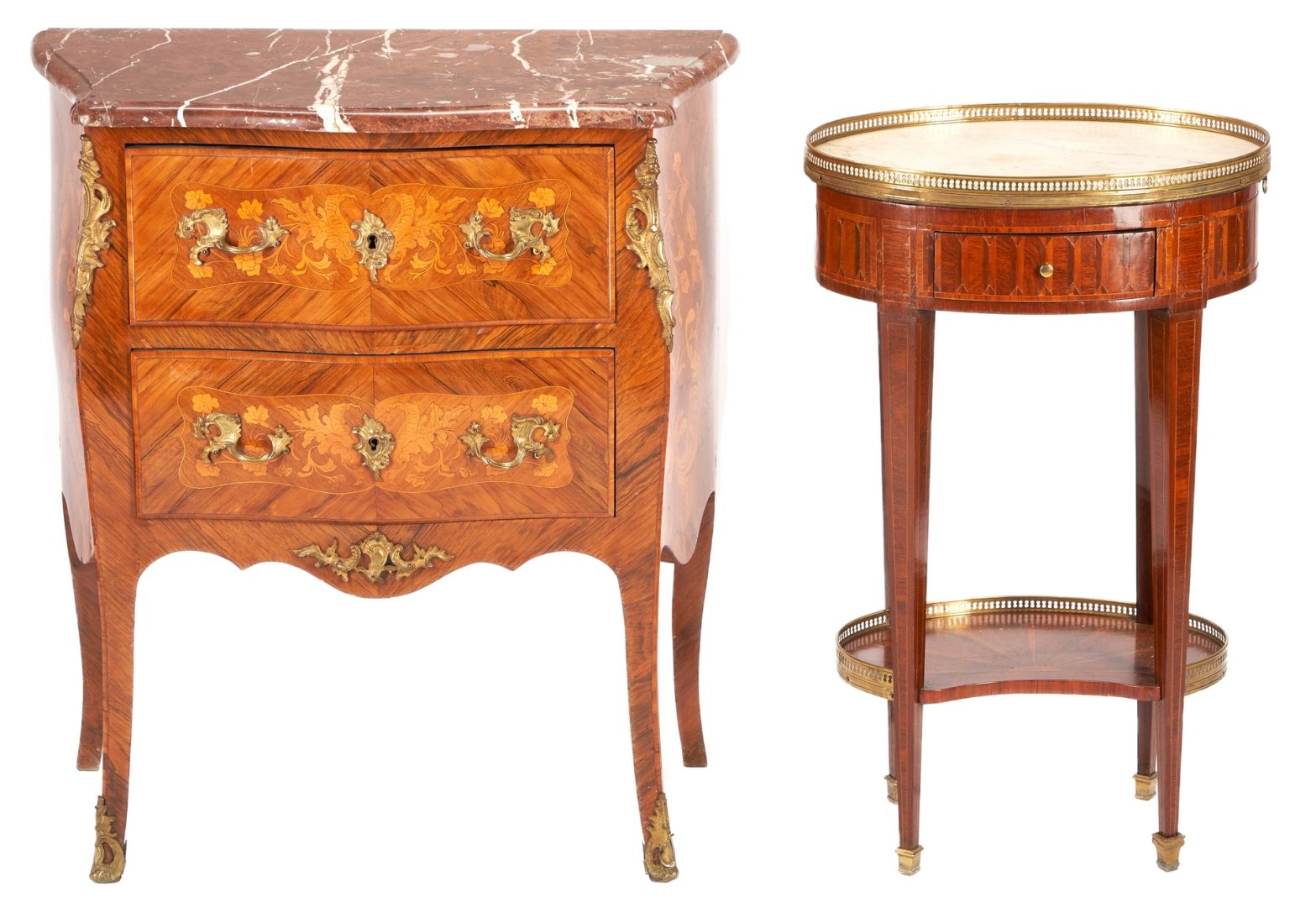 Lot 540: French Oval Bedside Tiered Table & Bronze Mounted Marble Topped Commode