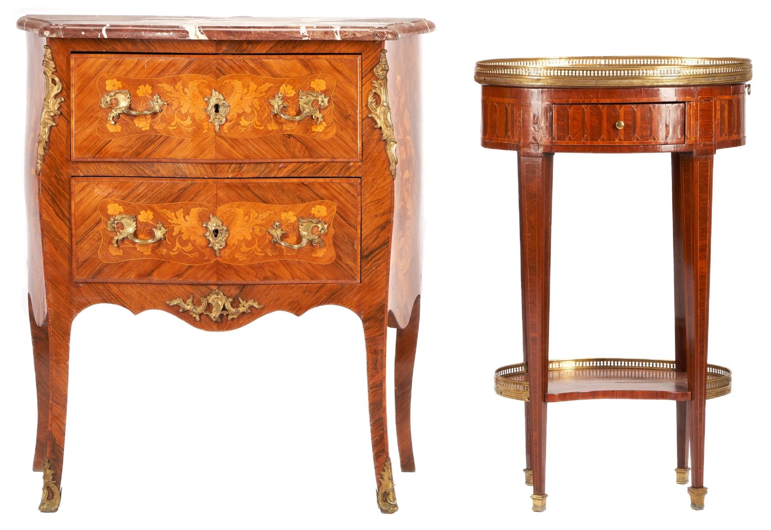 Lot 540: French Oval Bedside Tiered Table & Bronze Mounted Marble Topped Commode