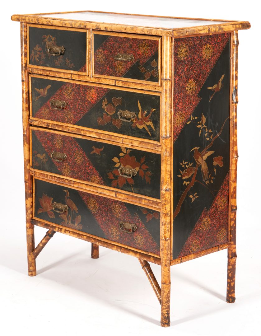 Lot 545: English Lacquered Bamboo Chest of Drawers
