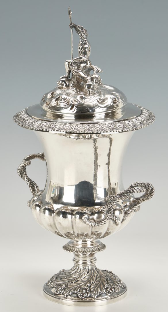 Lot 54: Large English Sterling Urn with Poseidon Finial, J. Angell