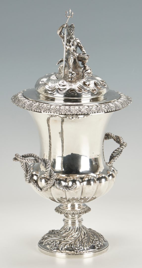 Lot 54: Large English Sterling Urn with Poseidon Finial, J. Angell