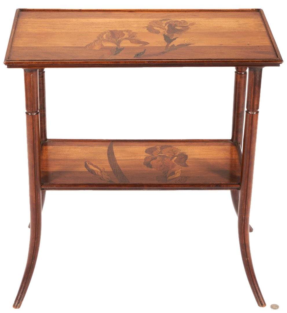 Lot 565: Emille Galle Art Nouveau Two-Tier Marquetry Table
