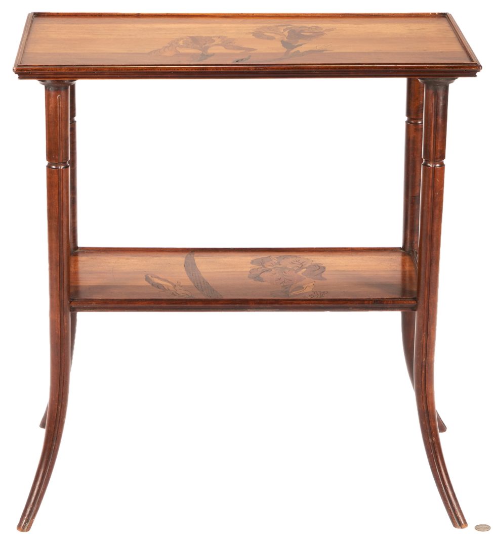 Lot 565: Emille Galle Art Nouveau Two-Tier Marquetry Table