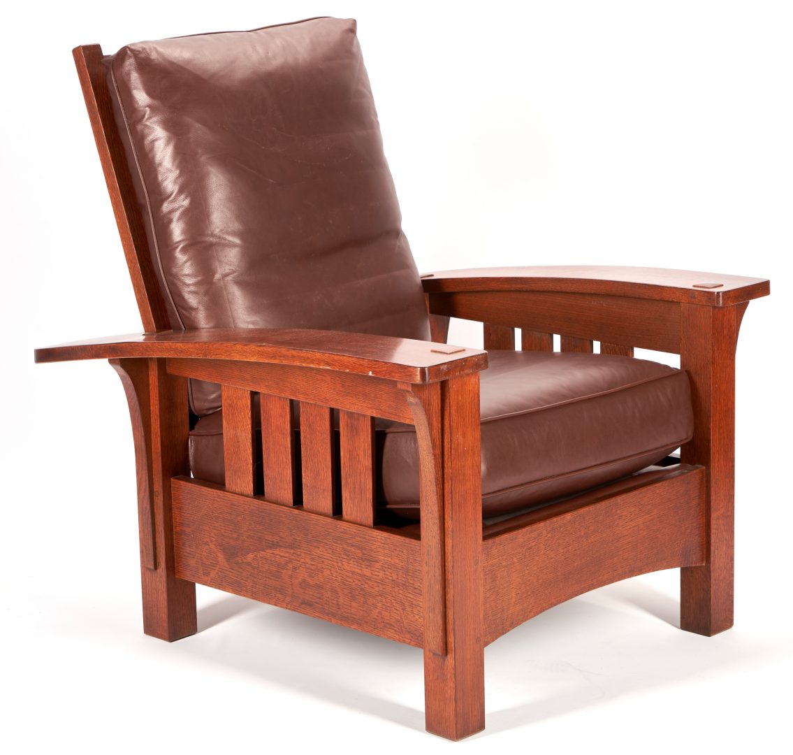 Lot 568: Mission Stickley Furniture Incl. Arm Chair, Footstool, & Magazine Rack, Three (3) Items