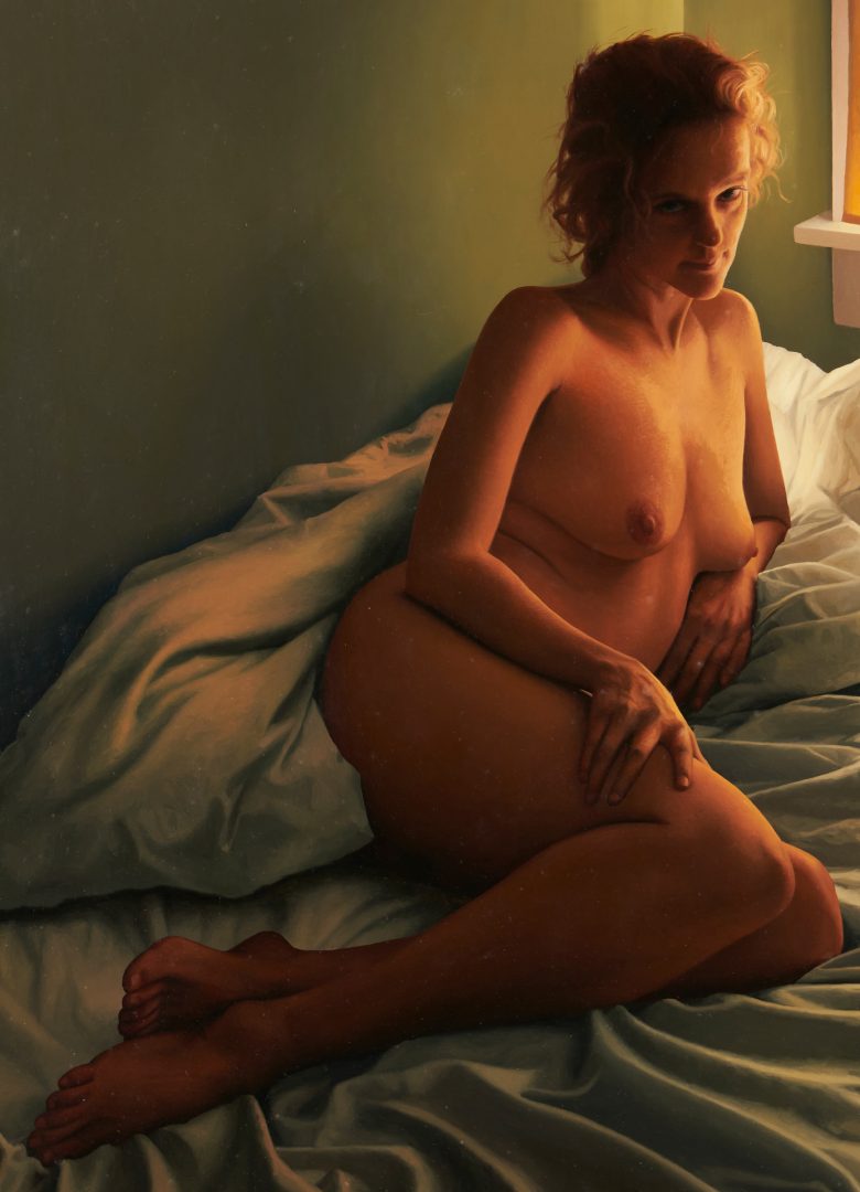Lot 587: Scott Prior Realist Nude Oil, Nanny in Bed