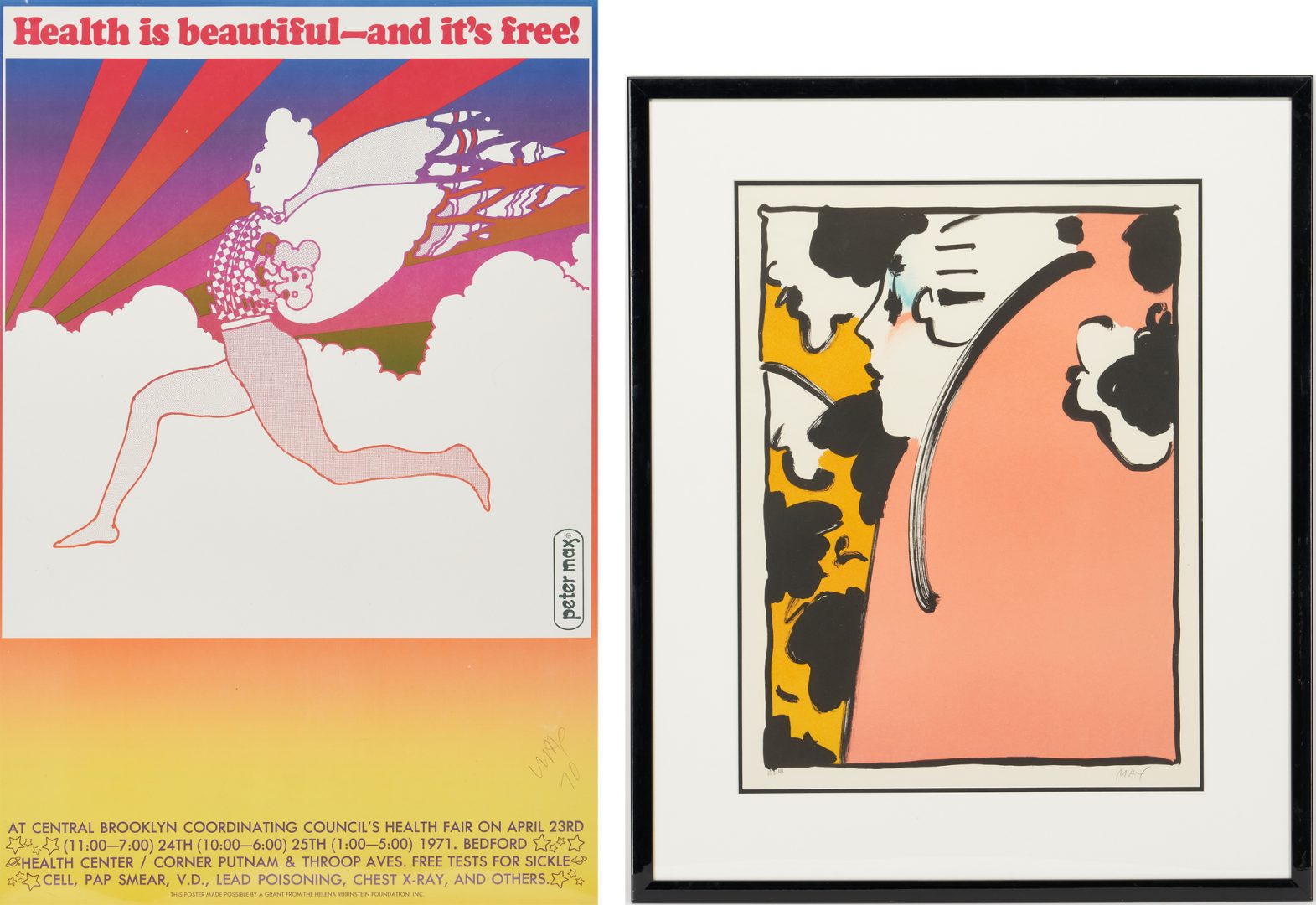 Lot 592: Signed Peter Max Lithograph Peach Lady & Signed Poster