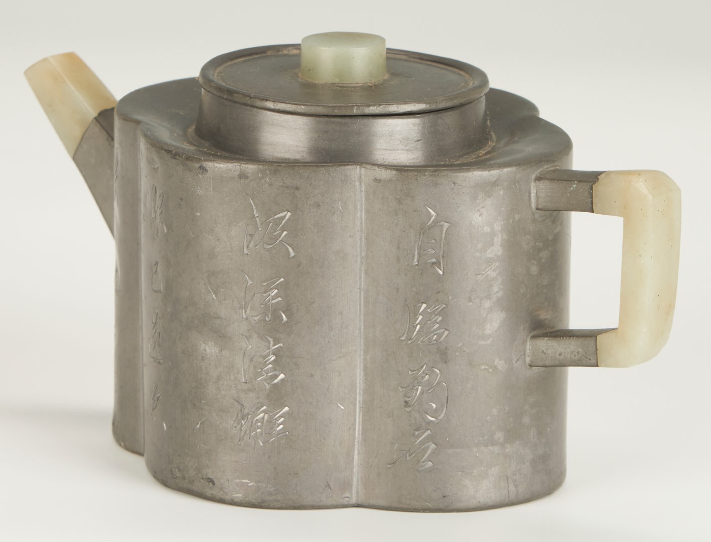Lot 5: Attr. Yang Pengnian, Pewter Encased Yixing Teapot, Jade Mounted