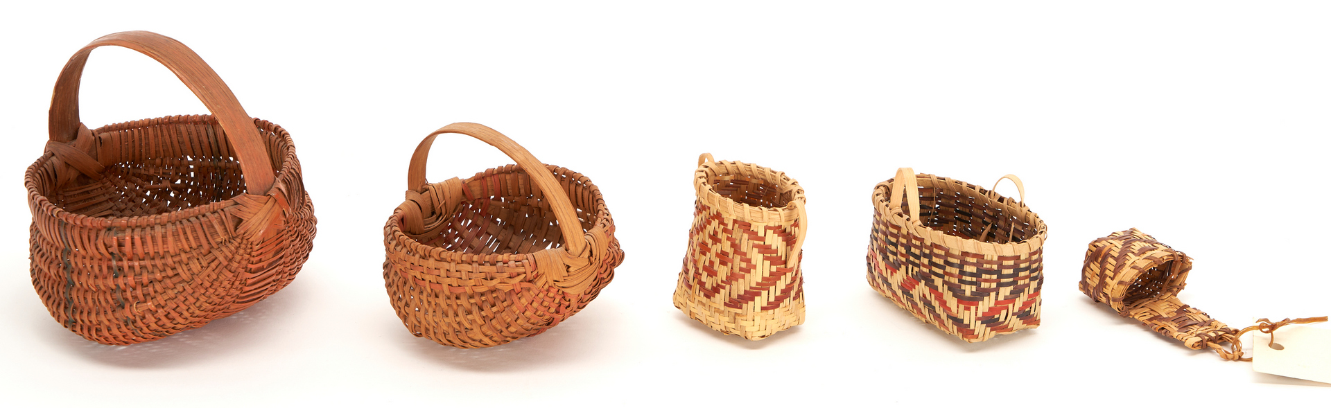 Lot 623: Ten (10) Miniature Baskets, Cherokee Rivercane & White Oak Plus 2 Buttocks Form