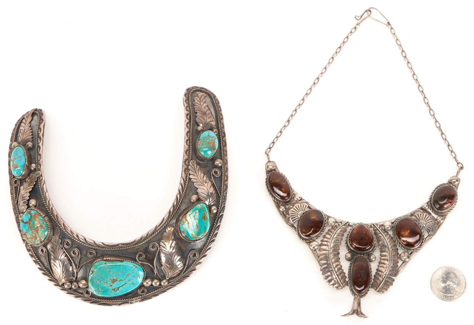 Lot 628: Two (2) Native American Silver & Stone Choker Necklaces