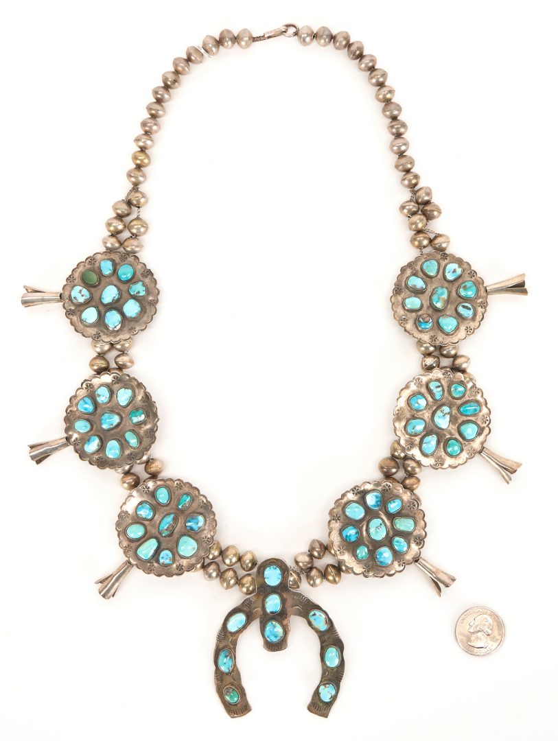 Lot 630: Navajo Turquoise & Silver Squash Blossom Necklace