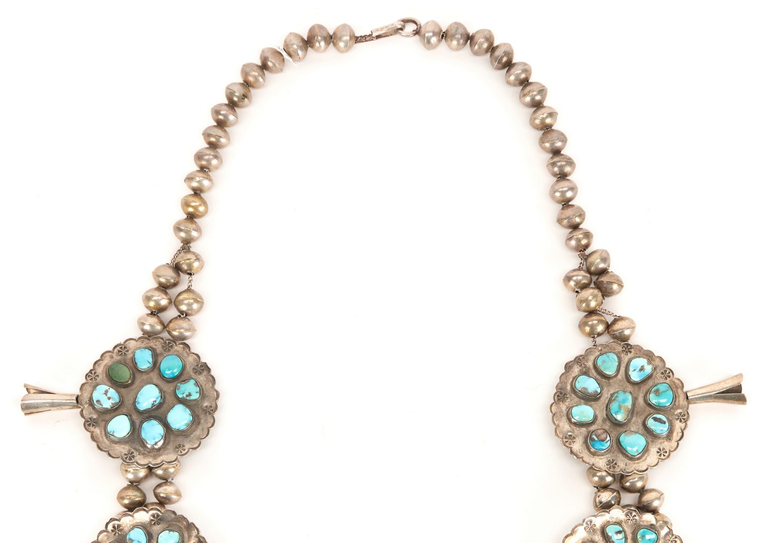 Lot 630: Navajo Turquoise & Silver Squash Blossom Necklace