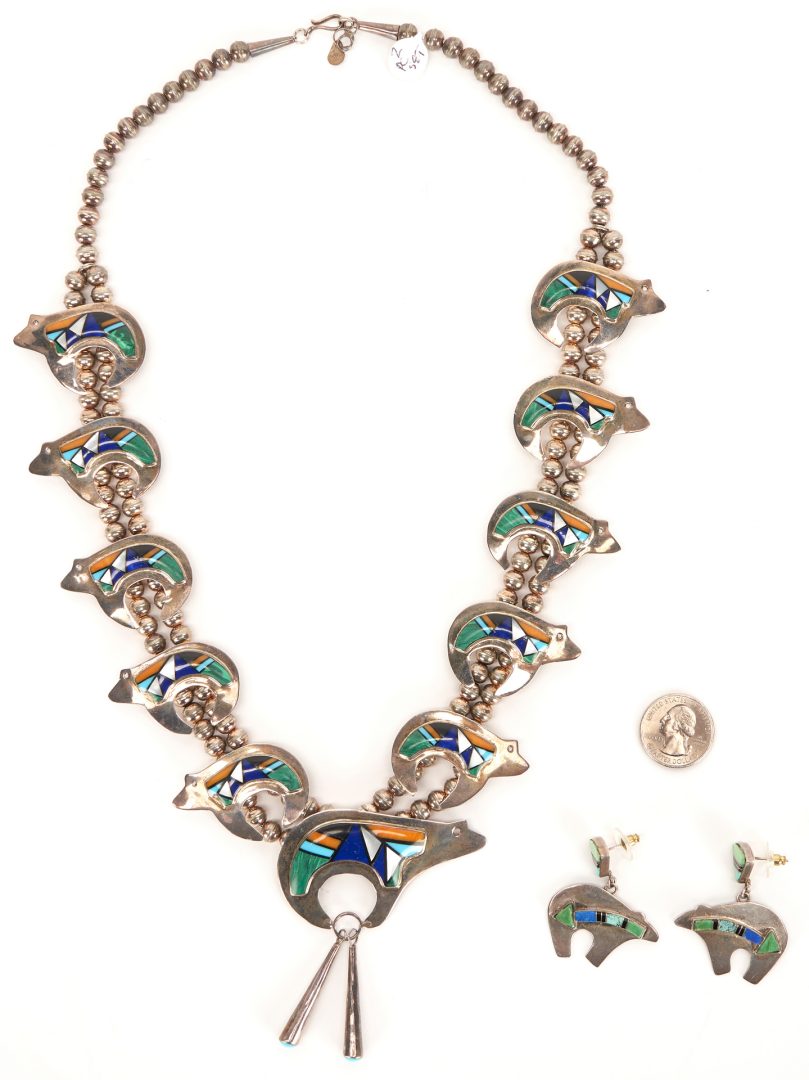Lot 631: Navajo Silver & Multistone Bear Squash Blossom Necklace & Bear Earrings