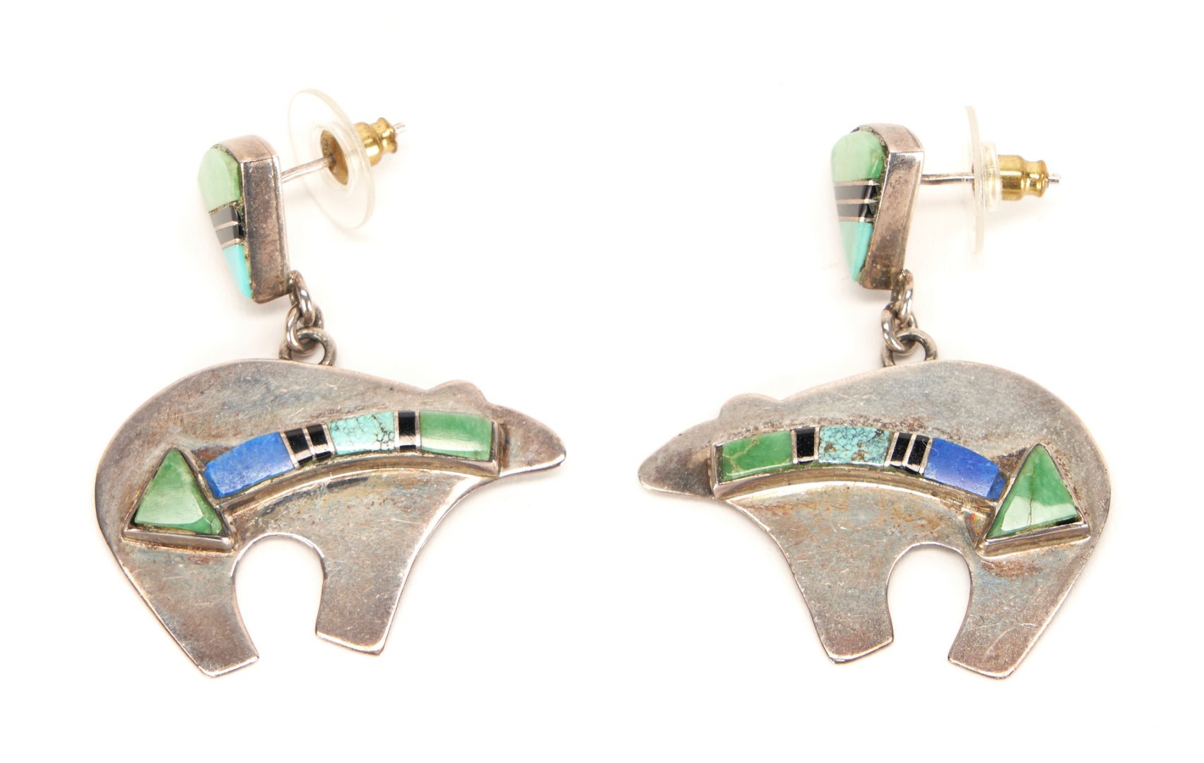 Lot 631: Navajo Silver & Multistone Bear Squash Blossom Necklace & Bear Earrings