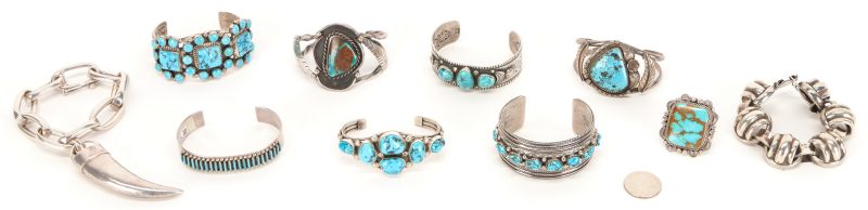 Lot 632: Ten (10) Silver Jewelry Items Inc. Navajo & Mexican