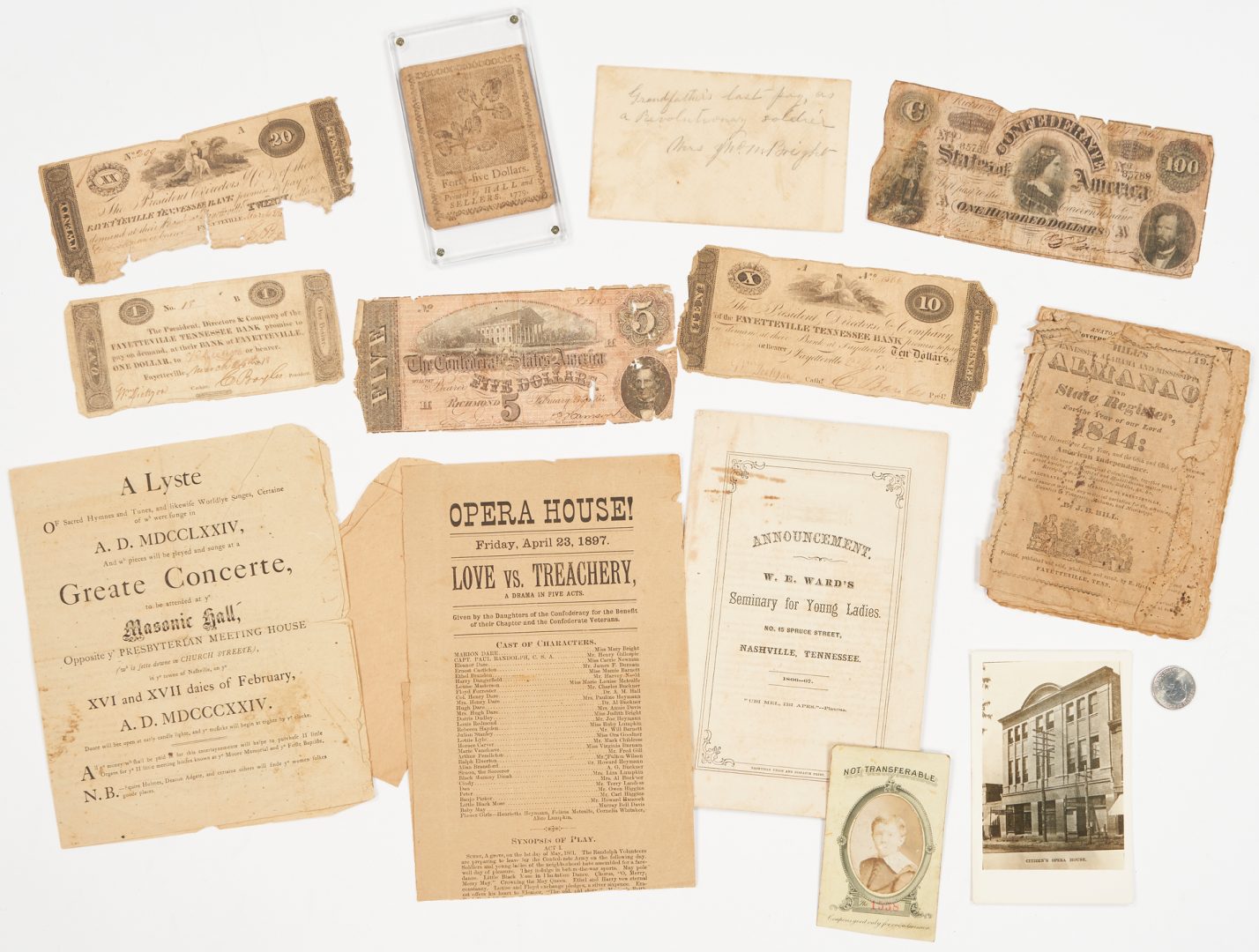 Lot 646: 12 Pcs. Ephemera incl. TN Obsolete, Colonial and CSA Currency