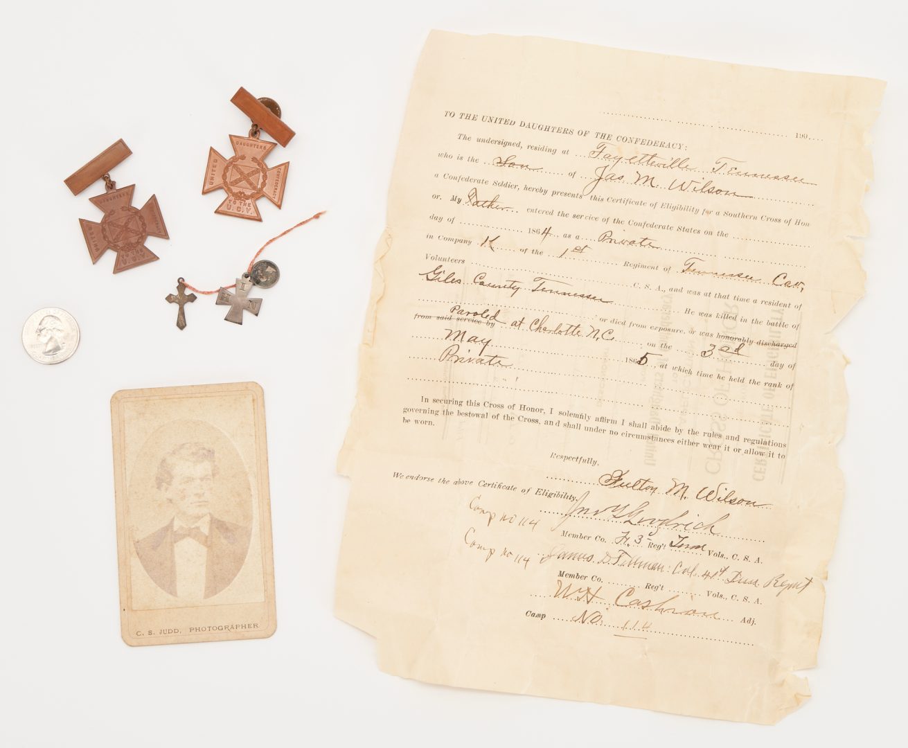 Lot 652: 5 Items Pertaining to CSA Private J.M. Wilson, incl. 2 Southern Crosses of Honor