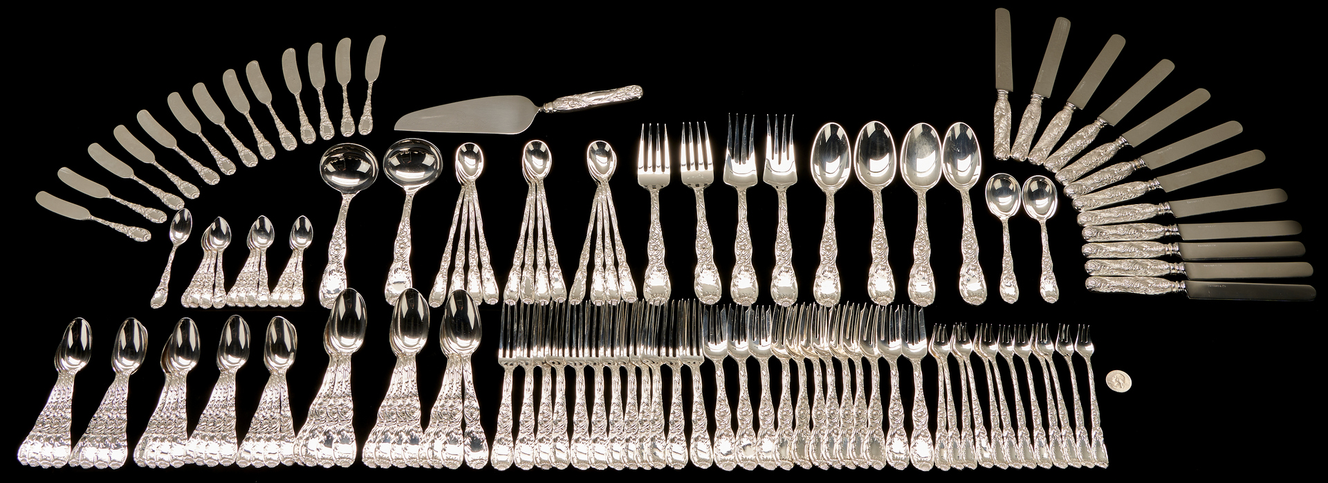 Lot 65: 130 pcs. Tiffany & Co Chrysanthemum Sterling Flatware, Svc for 12, most Moore