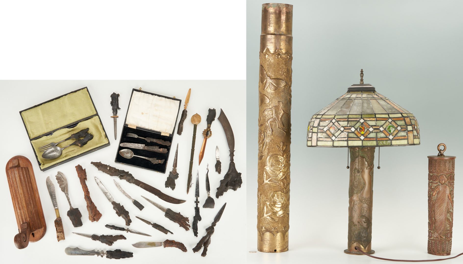 Lot 661: 32 WWI Trench Art Items, incl. Artillery Shell Lamp, Vases