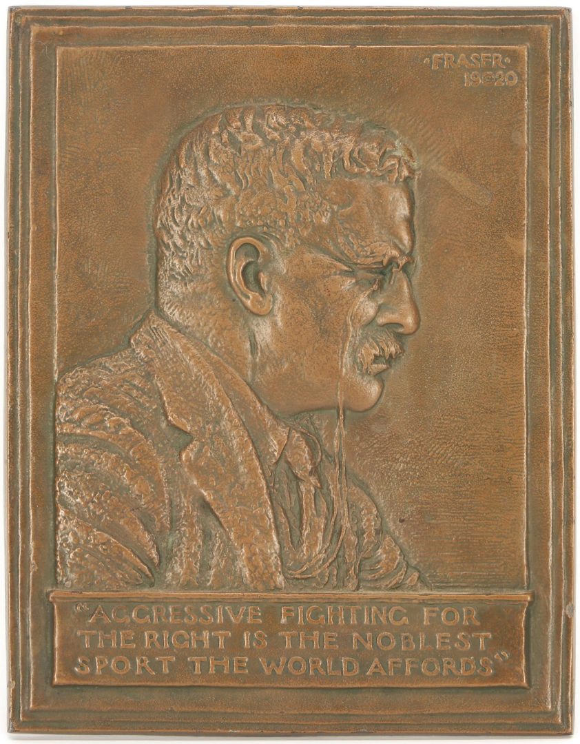 Lot 663: James Earl Fraser Bronze Bas Relief Plaque, T. Roosevelt, Dec. Arts Label